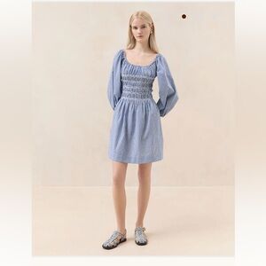 Loeffler Randall Darla Gathered Cotton Dress ,Smocked Sundress- Bishop Sleeves